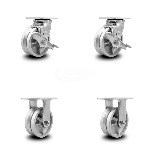 5 Inch V Groove Semi Steel Caster Set with Roller Bearings 2 Brakes 2 Rigid SCC